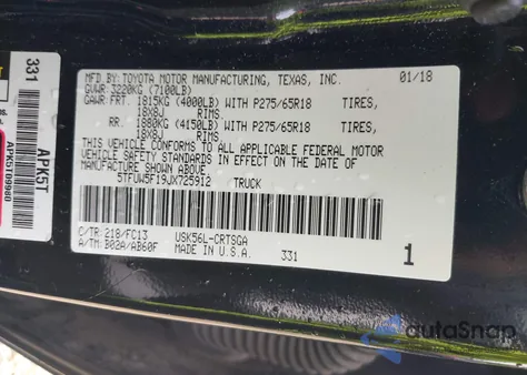 2018 Toyota Tundra Sr5 5.7L V8 from USA, damaged, VIN 5TFUW5F19JX725912